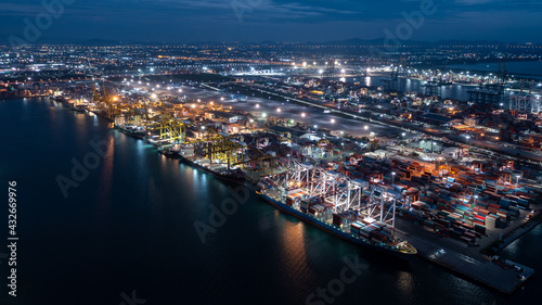 Aerial view shipping port international and container cargo ship  export and import business service logistics transportation international