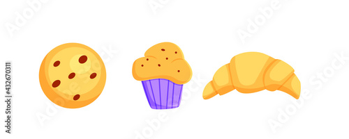 Sweet pastry set - muffin, cake, curasan, muffin, pastries, biscuit. Vector. Isolated on white background.