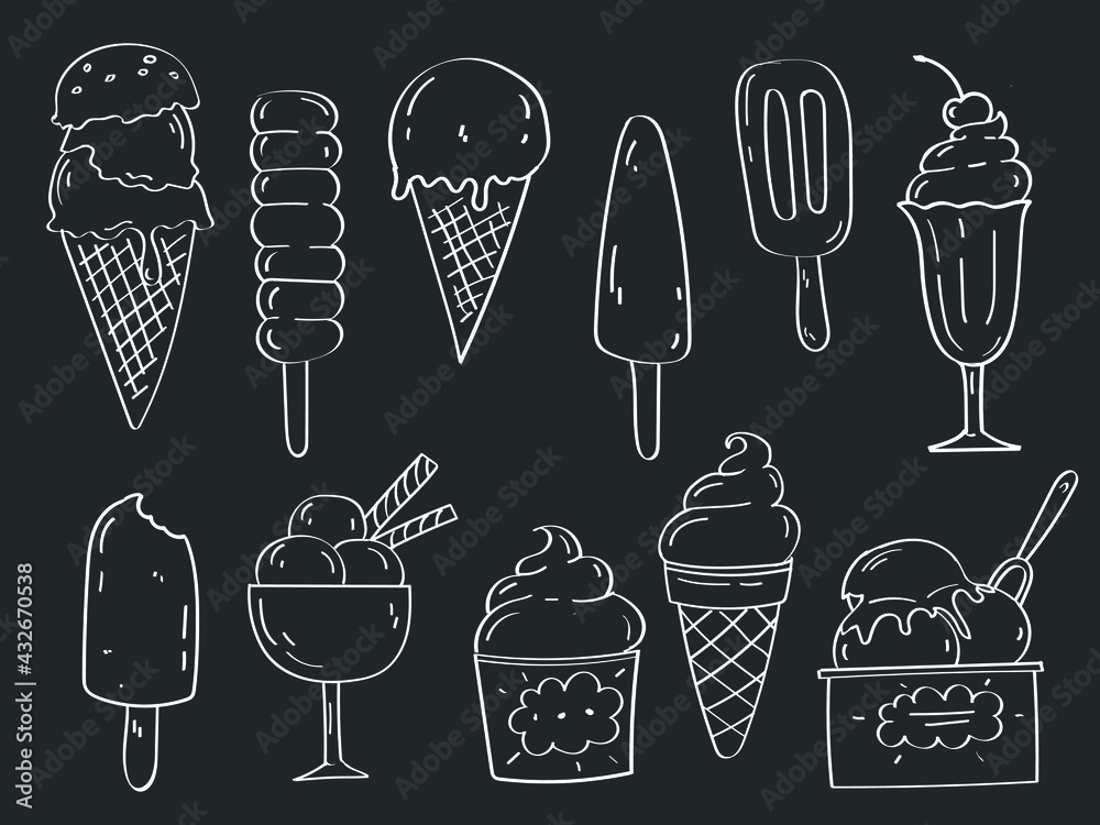 Set of ice cream with hand-drawn or doodle style on grunge background. Vector collection