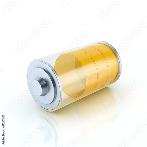 Glossy transparent battery symbol charge indicator on white background. Middle power status concept design. 3d render