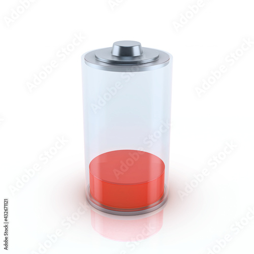 Glossy transparent battery symbol charge indicator on white background. Low power status concept design. 3d render