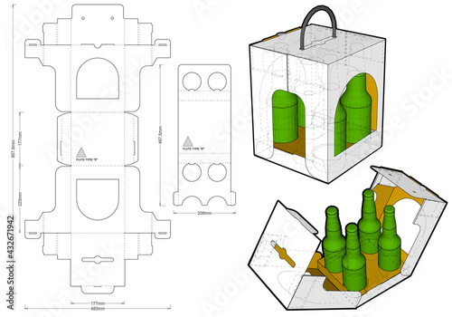 Packaging for four bottle of beer and Die-cut Pattern. Ease of assembly, no need for glue. The .eps file is full scale and fully functional. Prepared for real cardboard production.