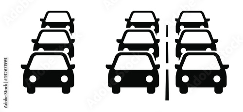 Traffic jam on the road or car rush hours city street. Traffic congestion during rush hour. Flat vector cars on the highway. Car pictogram. For traffic jams web, app or sign board.