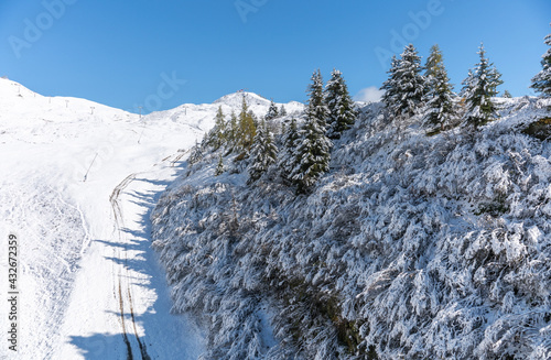 View of a forest covered with fresh snow and clouds near the Aletsch Arena. Switzerland in autumn photo