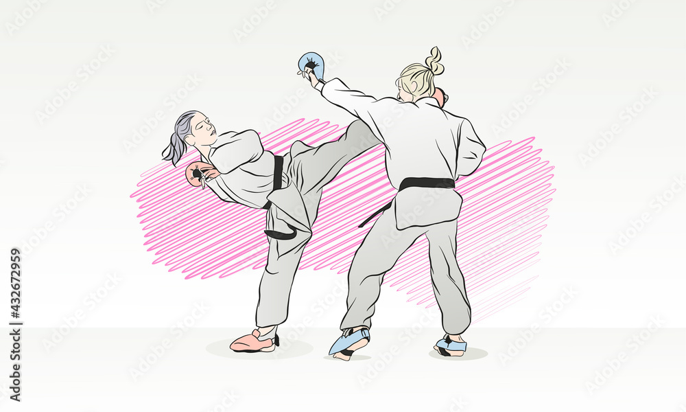 Girls in kimono, gloves are engaged in karate. Vector illustration.