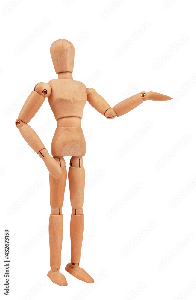 Wooden man drawing mannequin figure model concept is presenting something isolated on white background Wooden man drawing mannequin figure model concept is presenting something isolated on white background