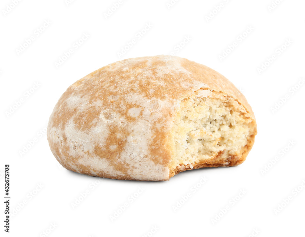 Tasty bitten gingerbread cookie on white background