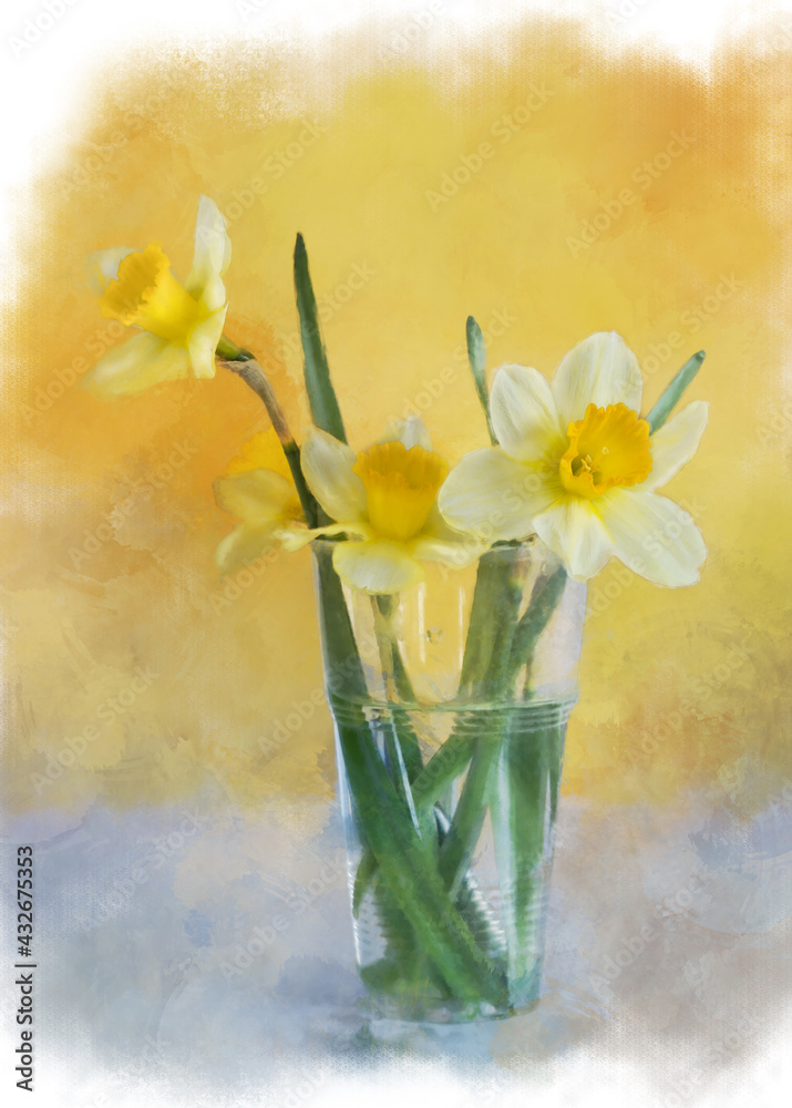 Still life with daffodil flowers in a plastic glass, stylized as a watercolor drawing.