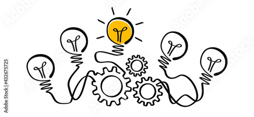 Cogwheels chaos brain line pattern. Cog, gear mechanism settings tools, Comic electric lamp idea doodle. FAQ, business loading, order concept. Fun vector light bulb icon or sign ideas. Brilliant light
