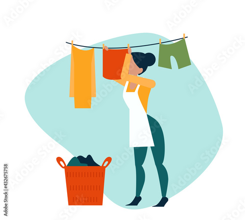 Vector of a woman hanging wet clothes out to dry