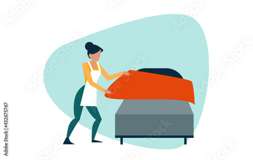 Vector of a young woman making the bed in the room