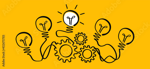 Cogwheels chaos brain line pattern. Cog, gear mechanism settings tools, Comic electric lamp idea doodle. FAQ, business loading, order concept. Fun vector light bulb icon or sign ideas. Brilliant light