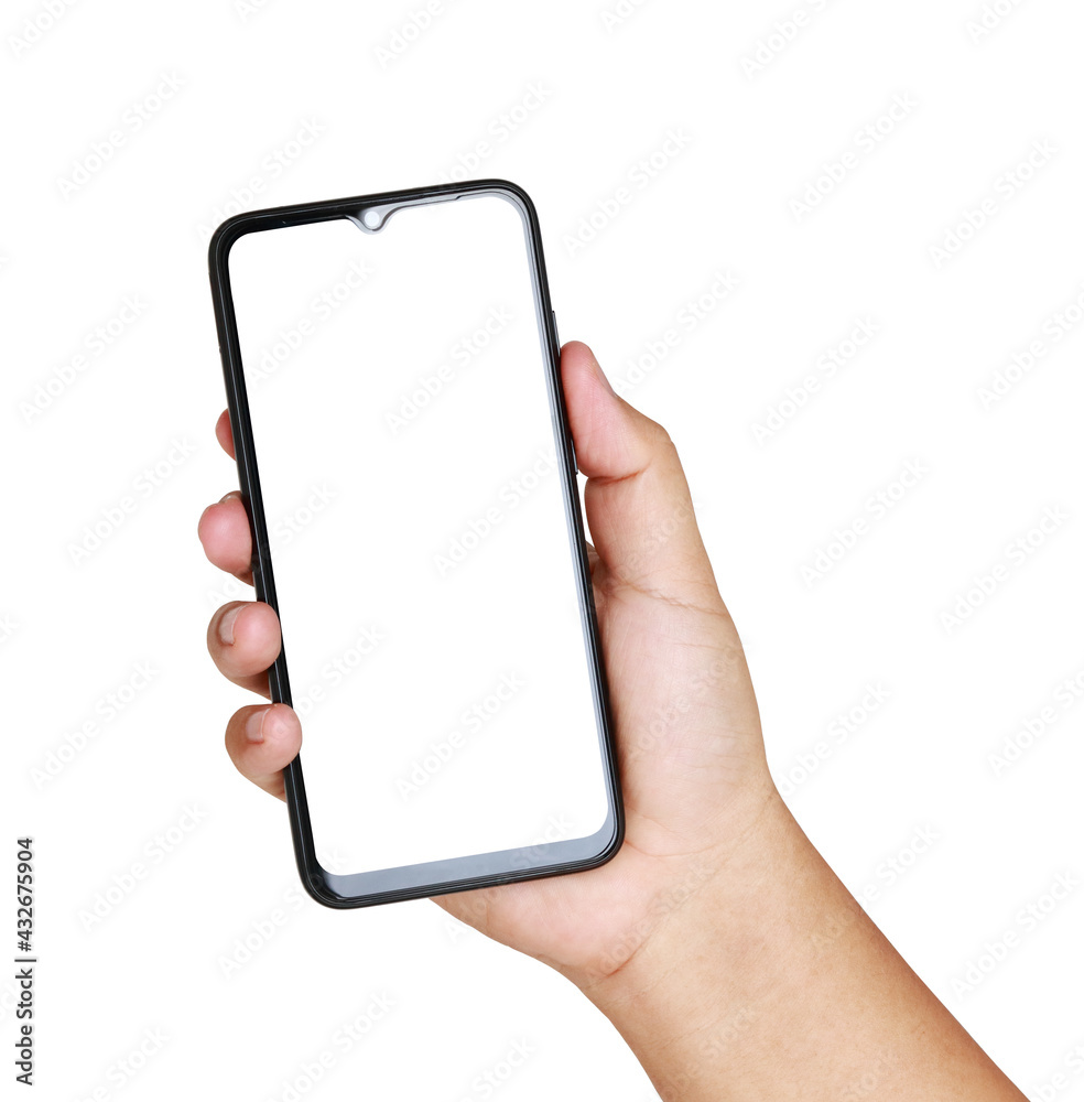 Smartphone concept. A man holding a black smartphone with a white screen. White background. Clipping Path Smartphone concept. A man holding a black smartphone with a white screen. White background. Clipping Path