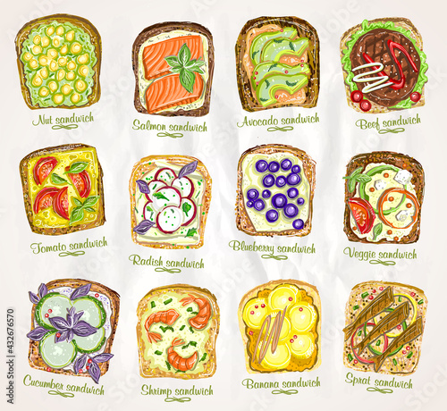 Assorted sandwiches graphic illustration.