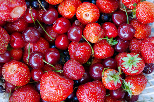 Fruit background - fresh only plucked strawberries and cherries
