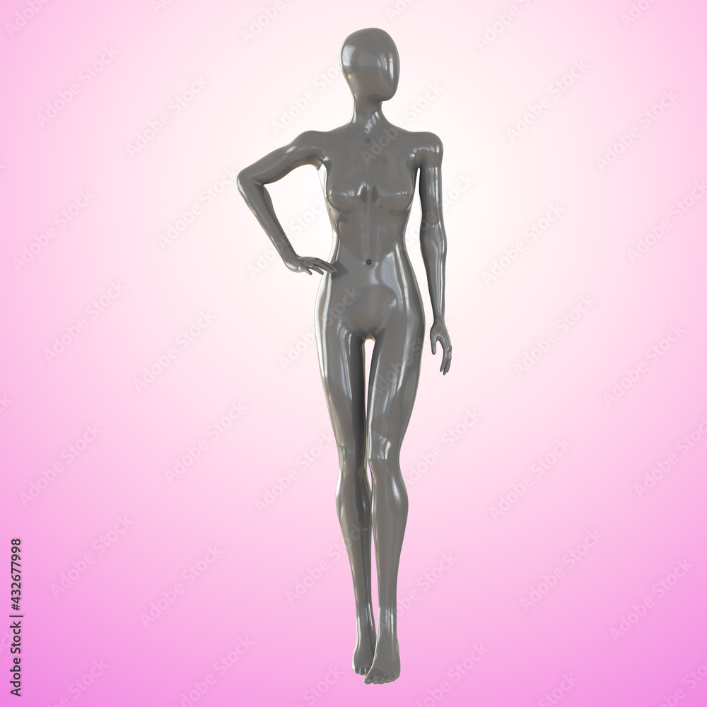 A gray female faceless mannequin stands with her hand on her belt against a pink backlit background. 3d rendering