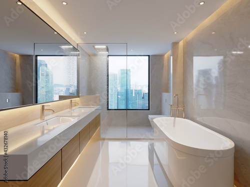 3d bathroom with marble walls and contemporary minimal design with a view to skyscrapers 