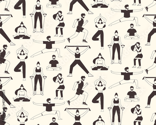 Seamless pattern with young people performing sports activities. The concept of sport, gym, yoga, pilates, fitness, meditation and relax. Health benefits for the body and mind. Vector illustration.