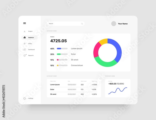 Dashboard design. Desktop app with UI. Use for web application or website.