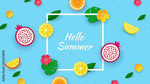 Fototapeta Naklejka Na Ścianę i Meble -  Hello summer. Design with fruit cut paper shapes and tropical leaves. Template for a banner, postcard, poster. Vector