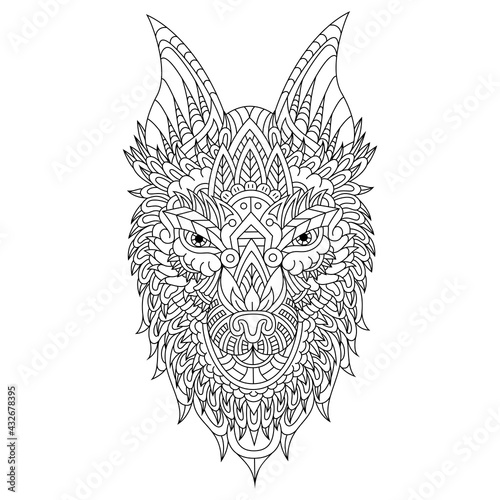 Hand drawn zentangle wolf head in zentangle style