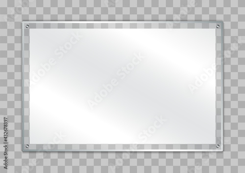 Blank poster in realistic glass frame. Rectangular photo frame. Realistic mockup glass banner on transparent background. Vector illustration.