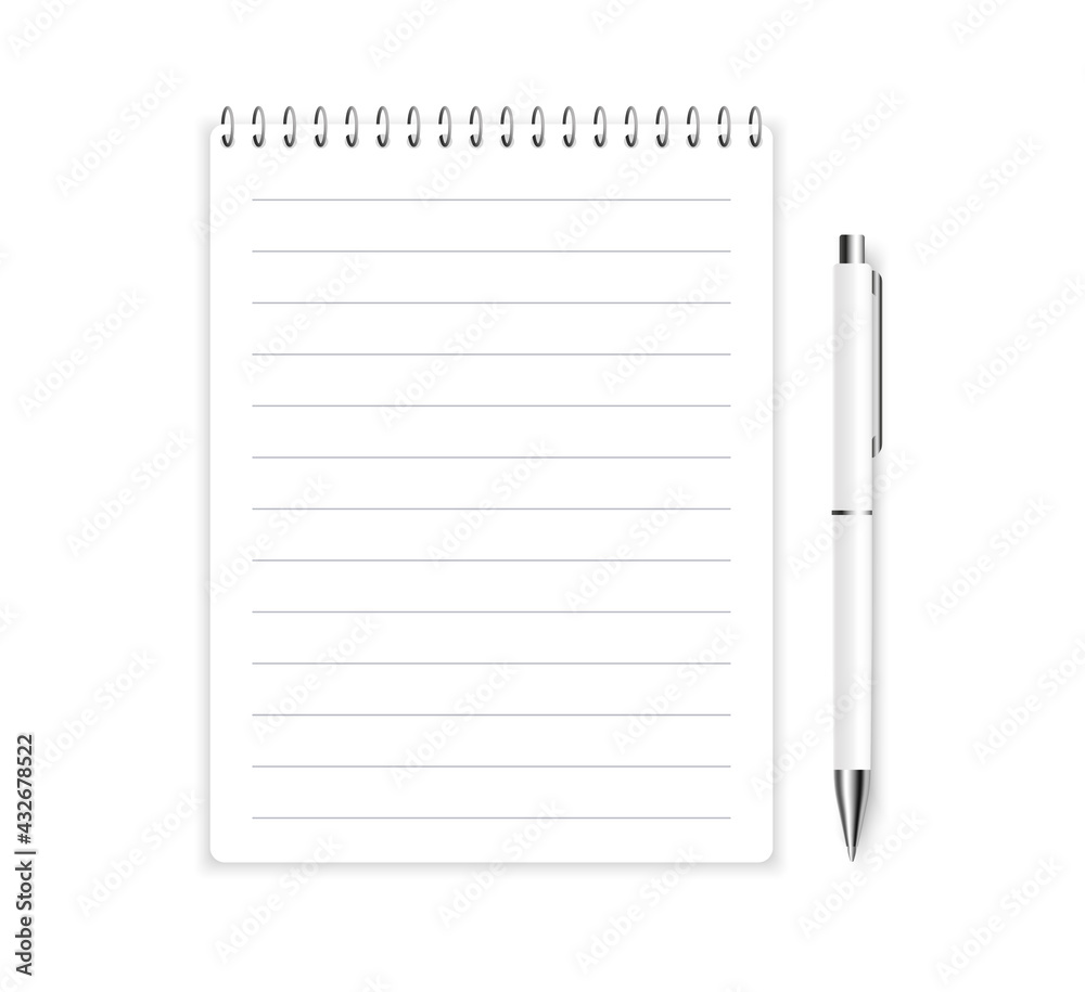 Realistic spiral notepad with pen. Blank notebook and ballpoint pen. Vector illustration. Realistic spiral notepad with pen. Blank notebook and ballpoint pen. Vector illustration.