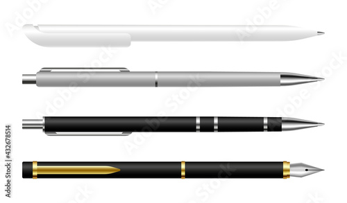 Set of realistic pens. Fountain pen and ballpoint pen. Office stationery for writing. School writing items. Vector illustration.