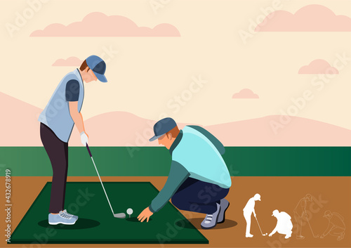 Golf teacher teaches children to play golf with golf clubs on green grass, cartoon, silhouettes, bundle vector illustration. character in different position.
