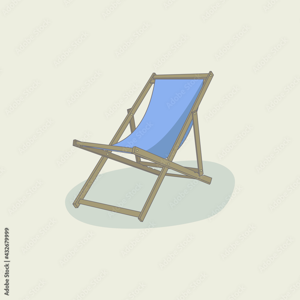 A hand-drawn icon of a summer chaise longue. Wooden chaise longue with fabric seat on neutral background A hand-drawn icon of a summer chaise longue. Wooden chaise longue with fabric seat on neutral background