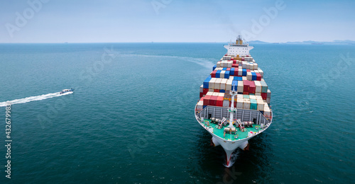 Aerial in front of cargo ship carrying container and running for export cargo .