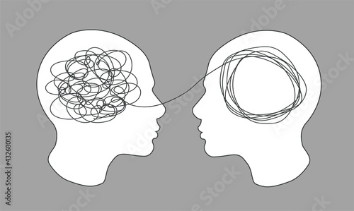 Psychotherapy concept. Abstract metaphor of problem solving or difficult situation. Tangle tangled and unraveled in people head. Simplification streamlining process. Vector illustration isolated.	