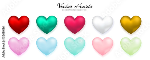 Set of helium balloons. Collection of realistic ballons of heart shapes, different colors, matte and glossy shades. Festive colorful decorative 3d render object. Celebration decor. vector illustration