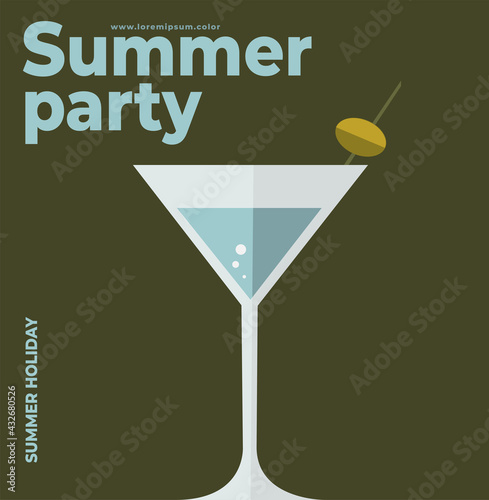 A cool drink. Summer party. Flat vector illustration. Summer time, background patterns on the theme of summer, vacation, weekend, beach. Perfect background for posters, cover art, flyer, banner.