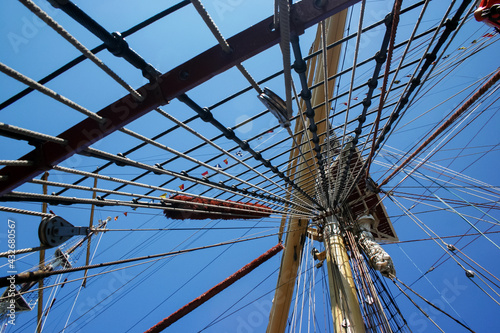 Mast and ropes of classic sailboat, View of the ship's masts from below, Detailed rigging without sails