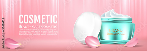 Flower extract cosmetic ads template banner realistic 3D illustration skincare moisturizing vip luxury mockup elegant glow background pink petal. Promoting promo poster.