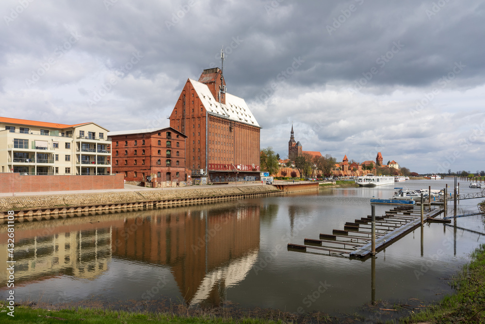 Harbor on the Elbe River in a historic town of Tangermuende. The northeastern part of Saxony-Anhalt state, Germany.