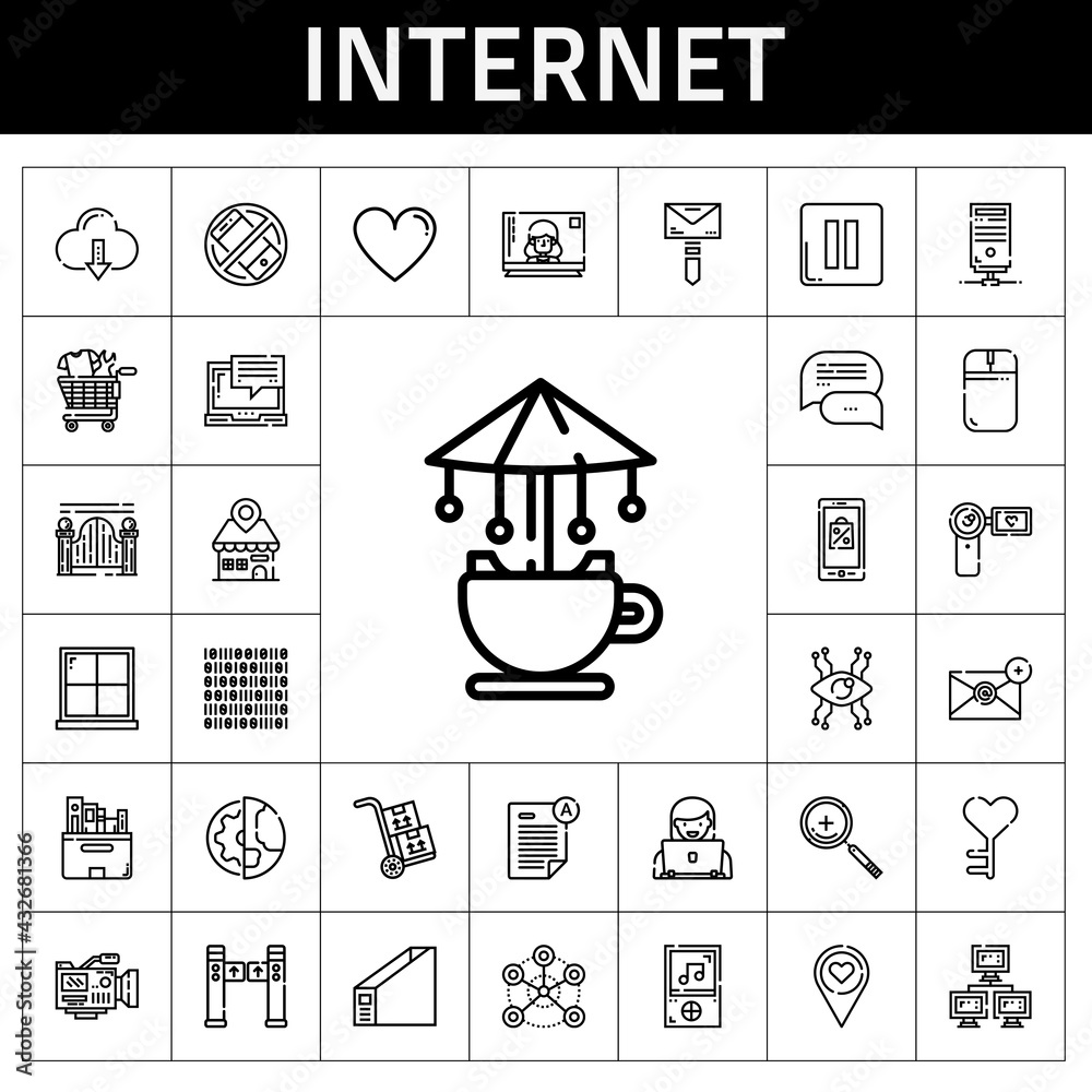 internet icon set. line icon style. internet related icons such as server, mail, camcorder, laptop, carousel, network, mouse, turntiles, shopping cart, placeholder, cloud computing