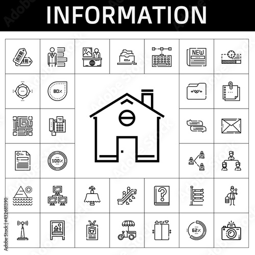information icon set. line icon style. information related icons such as antenna, newspaper, filing cabinet, progress bar, network, elevator, file, signs, qr code, percentage