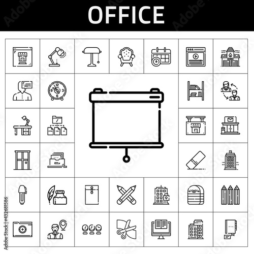 office icon set. line icon style. office related icons such as police box, door, eraser, ink pen, video, filing cabinet, employee, building, fire station, computer, file