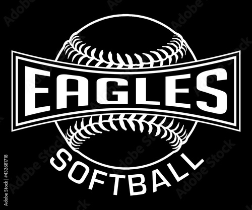 Eagles Softball Graphic-One Color-White is a one white on black sports design which includes a softball and text and is perfect for your school or team. Great for Eagles t-shirts, mugs, etc.