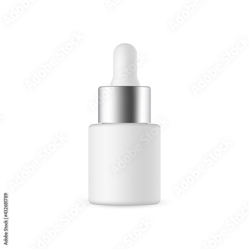 Small Dropper Bottle Mockup with Metal Cap, Isolated on White Background. Vector Illustration