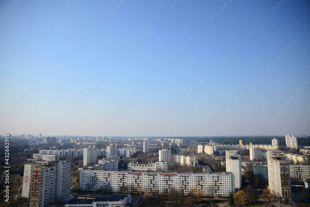 MINSK, BELARUS - APRIL 15, 2019: Beautiful view of the Writers Park and Independence Avenue from the observation deck of the National Library of Minsk