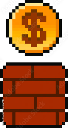 Pixel dollar coin coming out of gaming block - isolated, vector