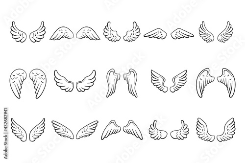 Fairy black contour wings set on white background. Collection hand drawn angel wings