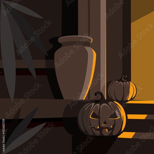 At the doorstep of the house is a jug and pumpkins. Vector illustration.