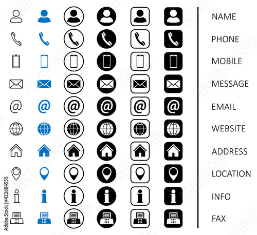 Set black, blue and line contact icons with the names, website icon symbol for contact us, communication signs - stock vector
