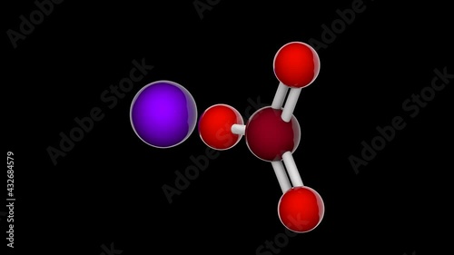 Sodium bromate, the inorganic compound with the chemical formula of NaBrO3 or BrNaO3. 3D render. Seamless loop.Chemical structure model: Ball and Stick. RGB + Alpha (Transparent) channel. photo