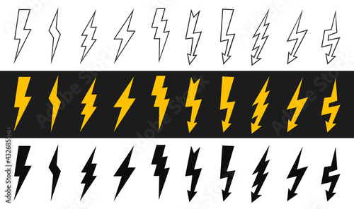 Set thunder and bolt lighting flash icon. Electric power thunderbolt, lightning bolt icon, dangerous sign – for stock