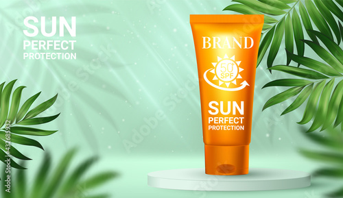 Sun protection cosmetic vector realistic ads poster. Orange plastic tube with sunscreen product near tropical palm leaves. Spf cosmetics mock up for magazine.